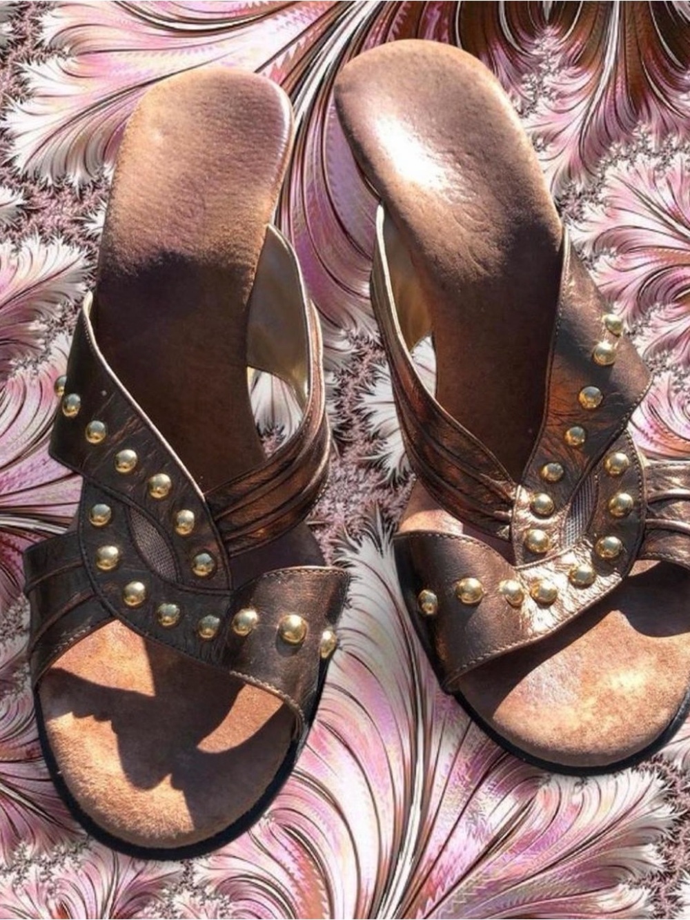 Onyx Metallic Bronze Studded Wedge Slides